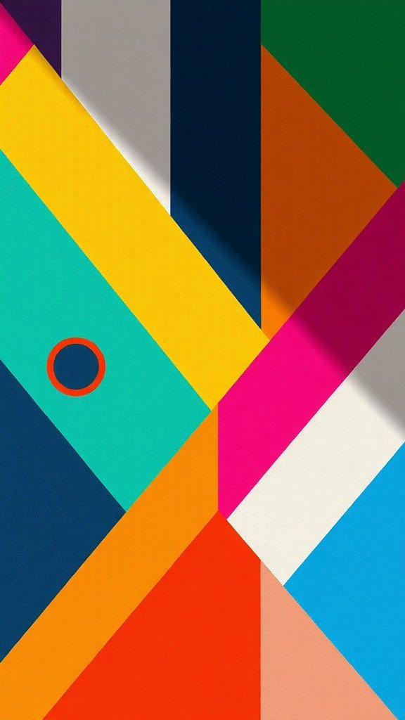 A vibrant geometric pattern featuring bold colors and shapes.