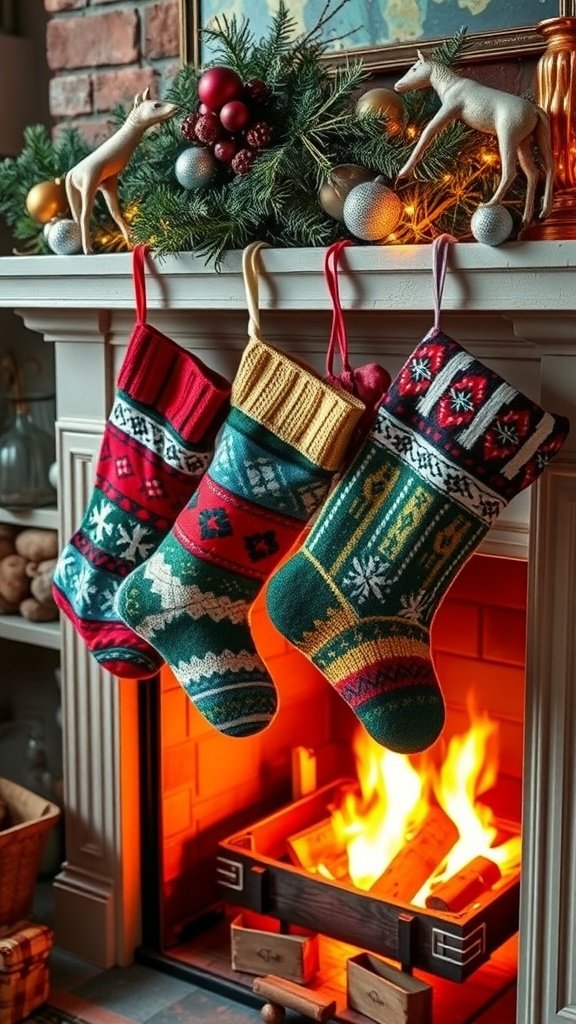 Three colorful upcycled sweater stockings hanging by a cozy fireplace.