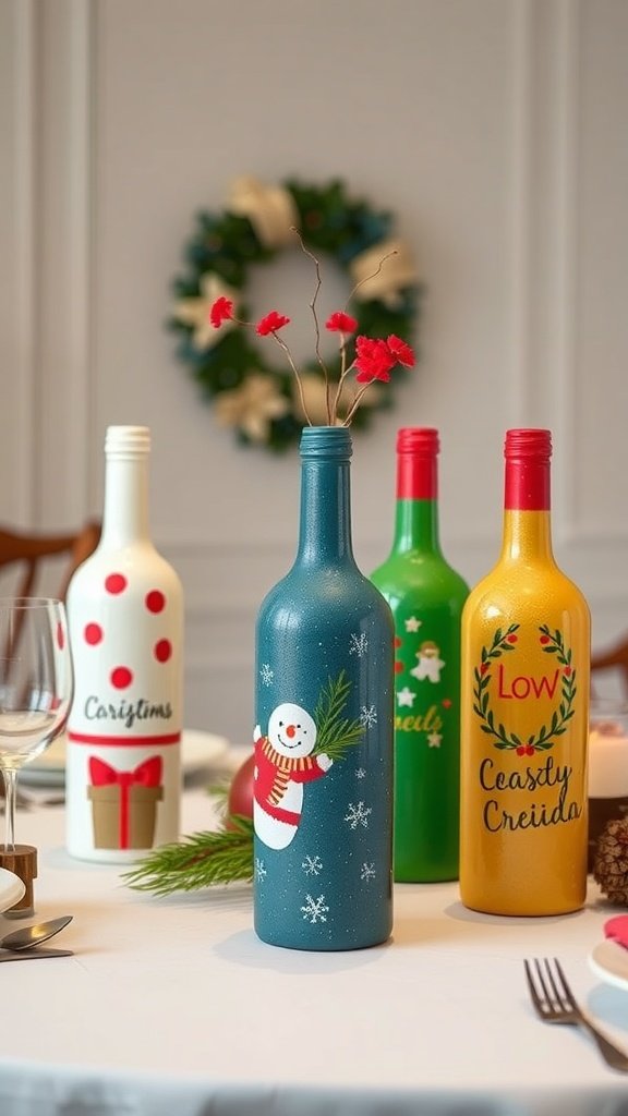 Colorful repurposed wine bottles decorated for Christmas with holiday designs and flowers.