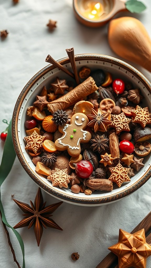 A bowl of gingerbread scented potpourri with spices and decorative elements.