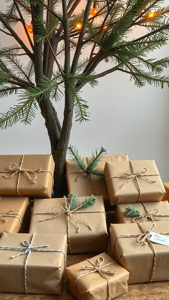 A collection of beautifully wrapped gifts in brown paper, adorned with twine and small green sprigs, placed under a tree.