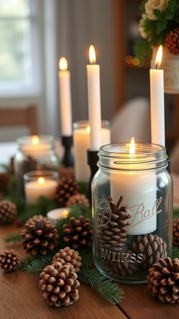 Mason jar candle holders with pinecones and candles on a table.