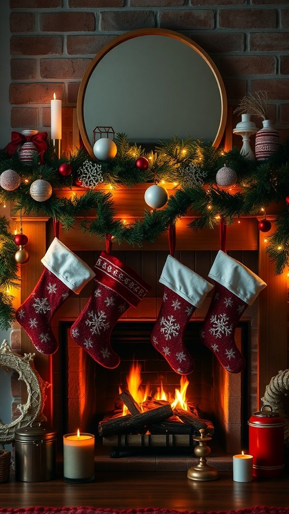 Rustic Christmas stockings hanging on a mantel with a cozy fireplace.