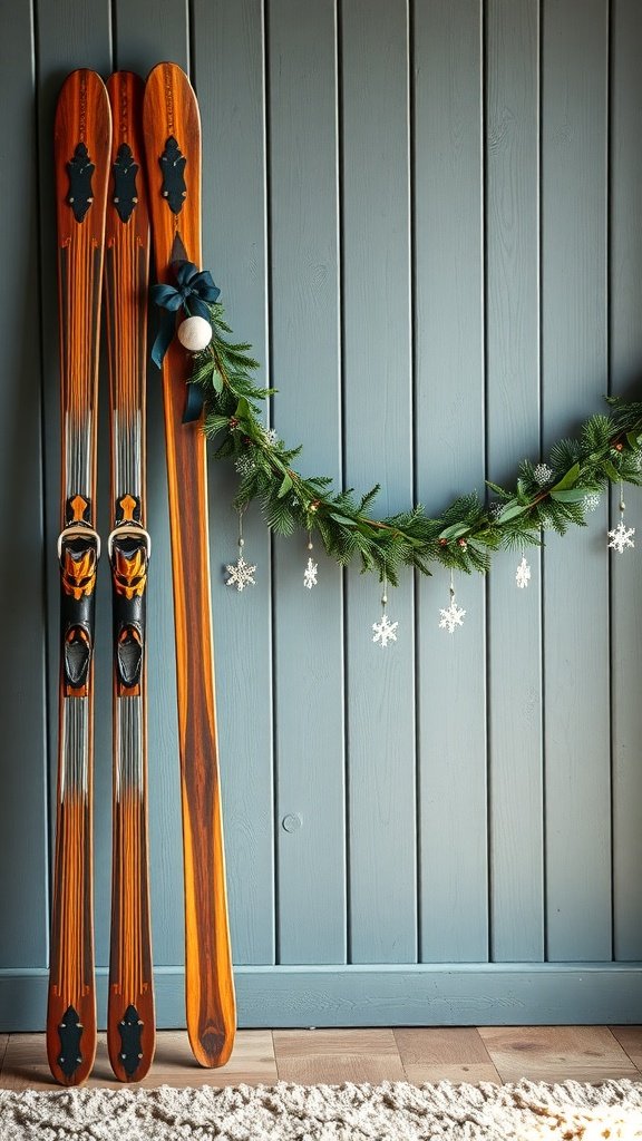 Vintage wooden skis with a festive garland and snowflakes on a wall.