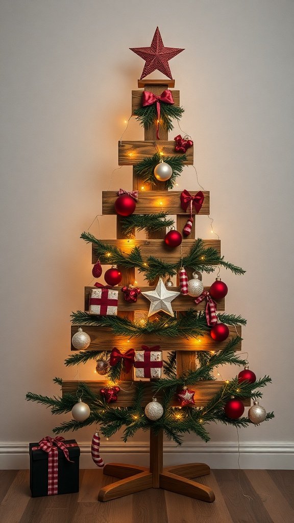 A rustic wooden pallet Christmas tree decorated with ornaments and lights.