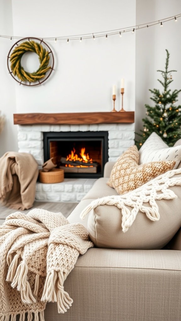 Cozy living room with blankets and pillows by the fireplace.