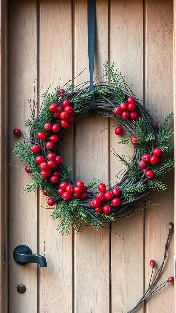 A rustic grapevine wreath with red berries hanging on a wooden door.