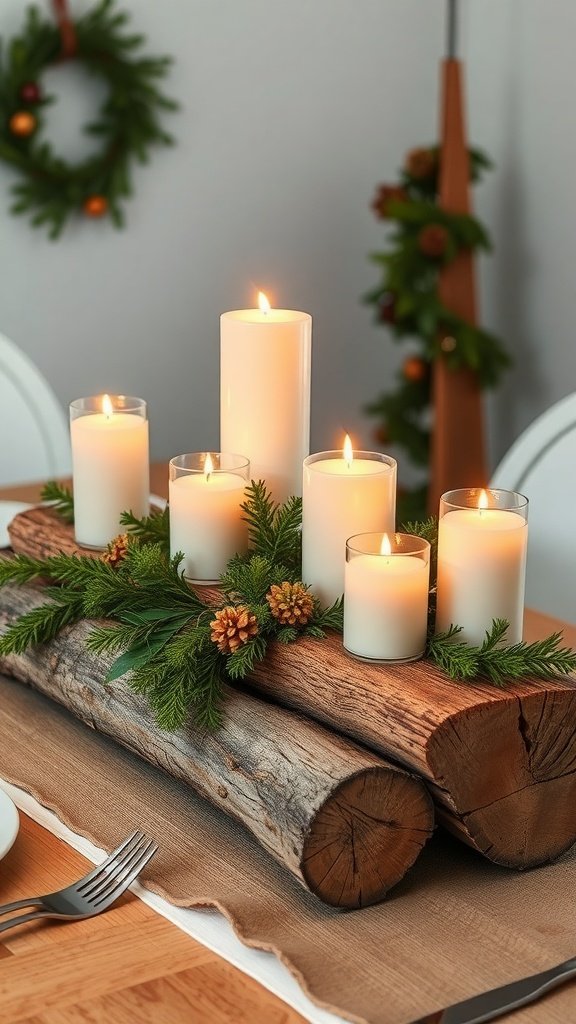A rustic log centerpiece with candles and greenery on a dining table.
