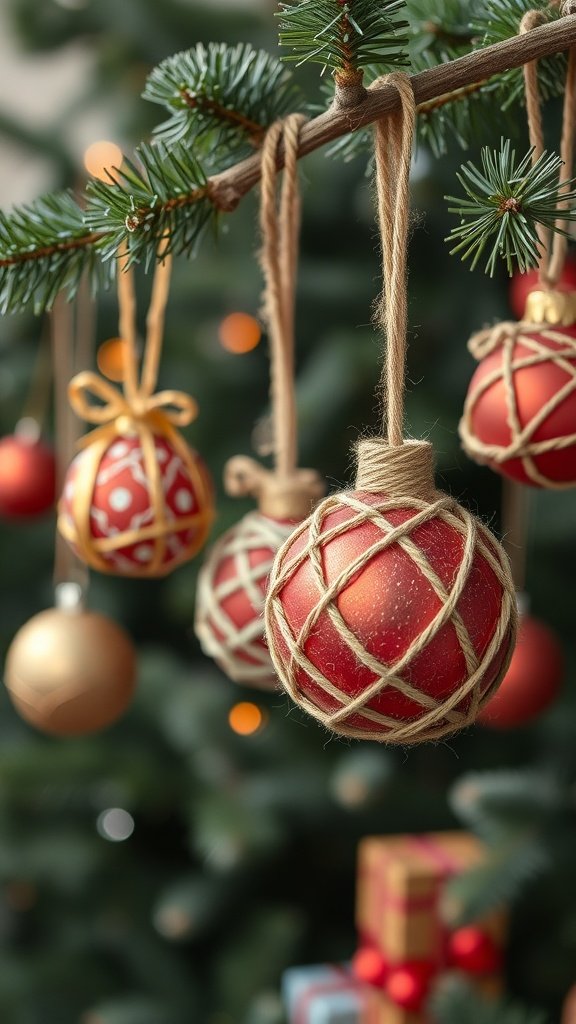 Twine-wrapped Christmas ornaments hanging on a tree