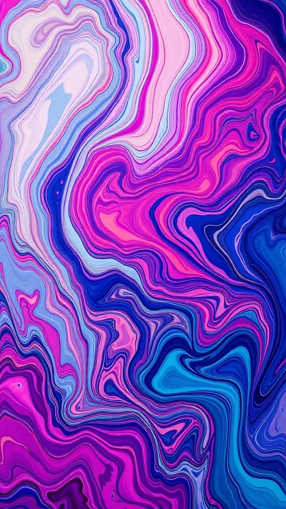 Abstract fluid art with swirls of pink, purple, and blue colors.