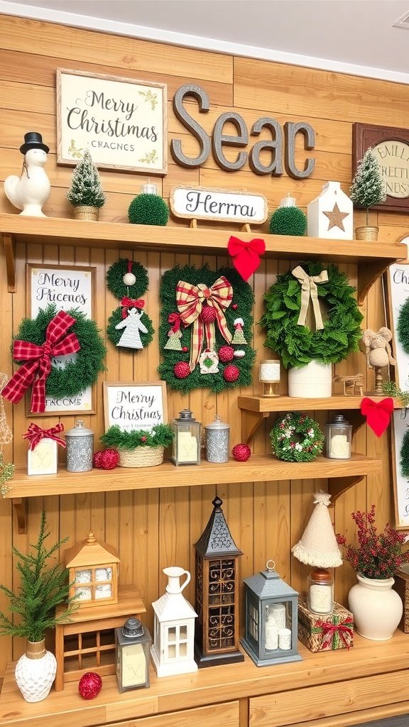 A collection of rustic Christmas signs displayed on a wooden wall, featuring various holiday phrases.