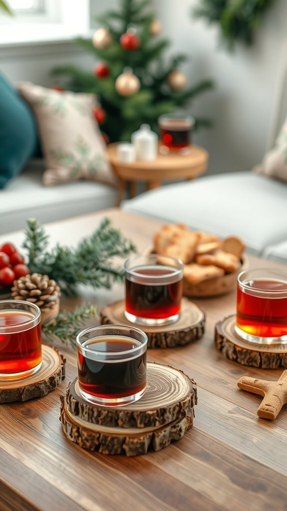 Wood slice coasters with drinks on a wooden table decorated for Christmas.