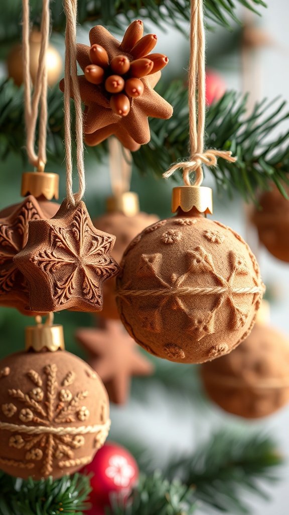Homemade cinnamon ornaments hanging on a Christmas tree.