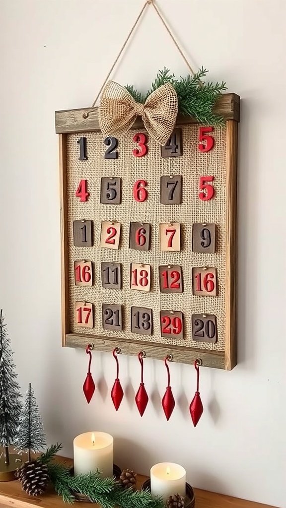 A rustic advent calendar with wooden numbers on a burlap background, decorated with a bow and greenery.