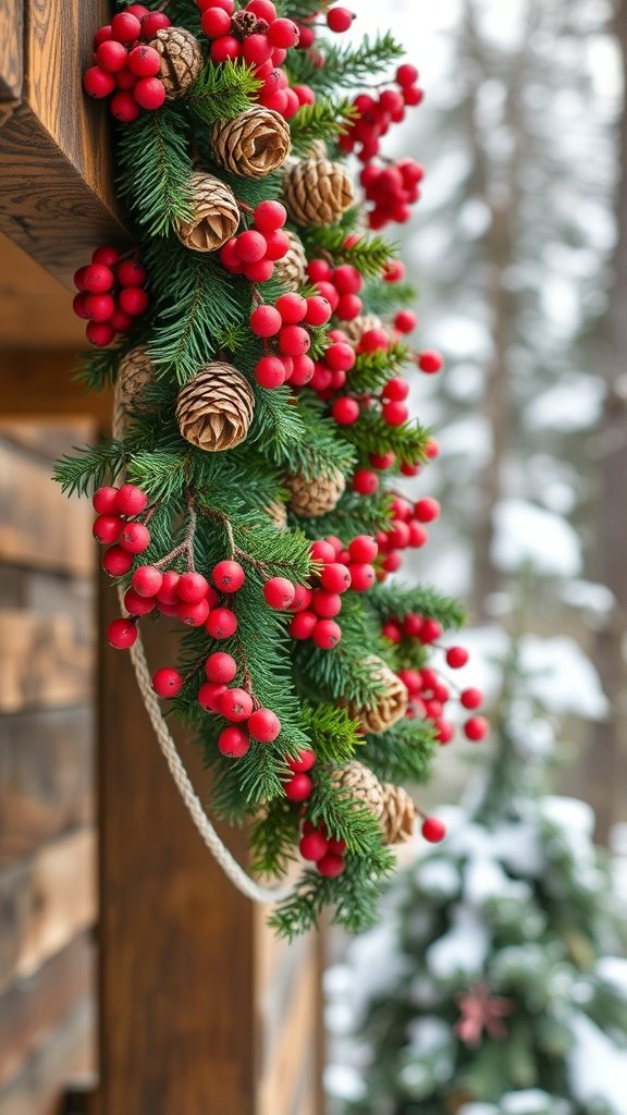 A garland made of pinecones and red berries hanging on a wooden structure.