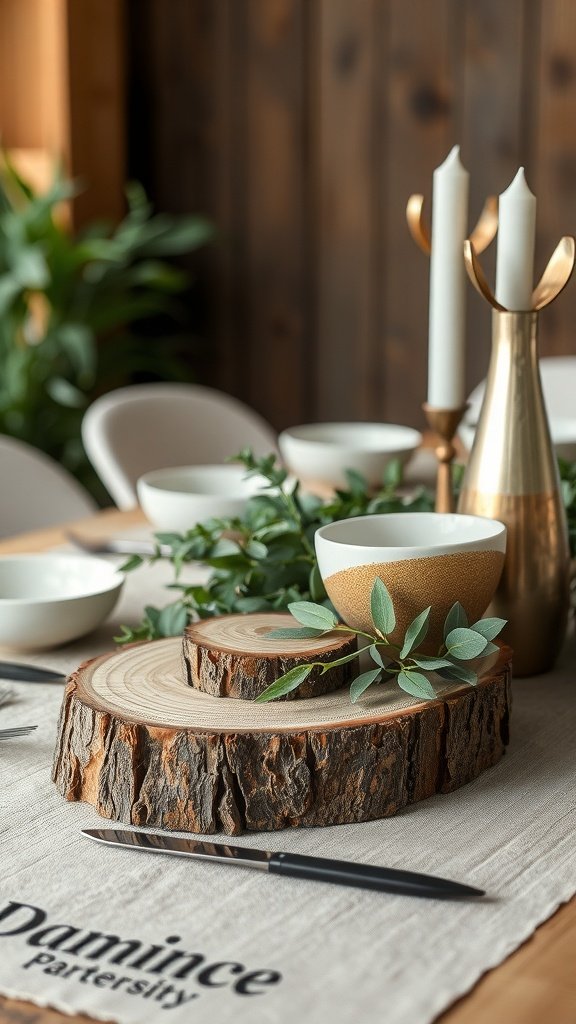 A rustic table setting featuring wooden slices, white bowls, and greenery.