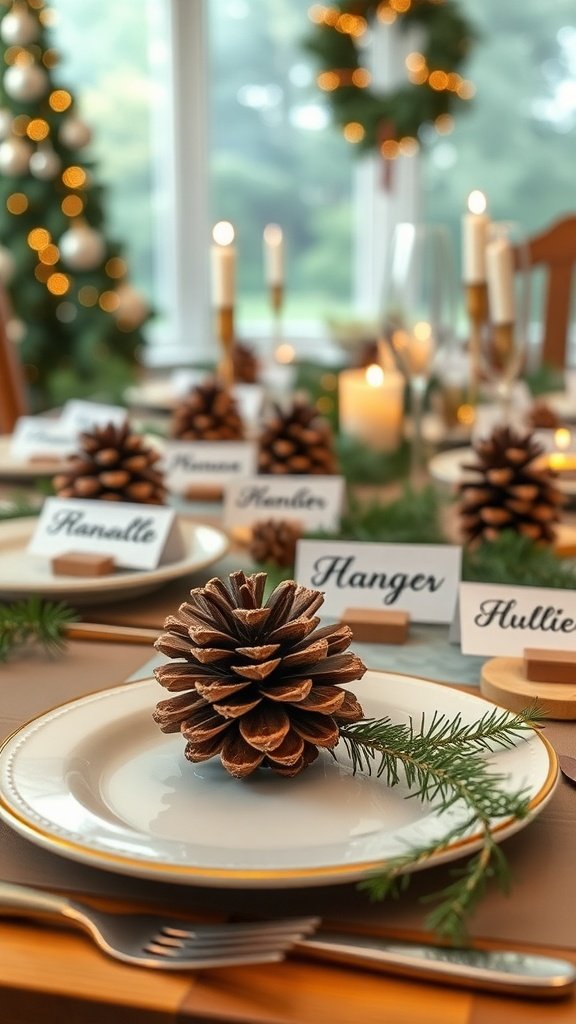 A beautifully set table with pinecone place cards and festive decorations.