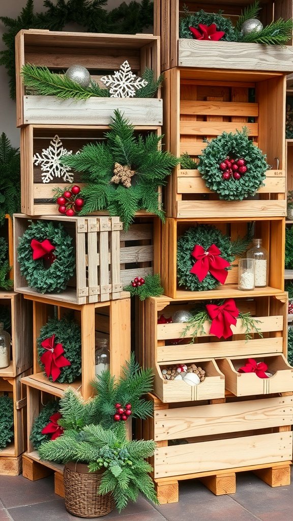 A display of repurposed wooden crates decorated with Christmas wreaths, ornaments, and greenery.