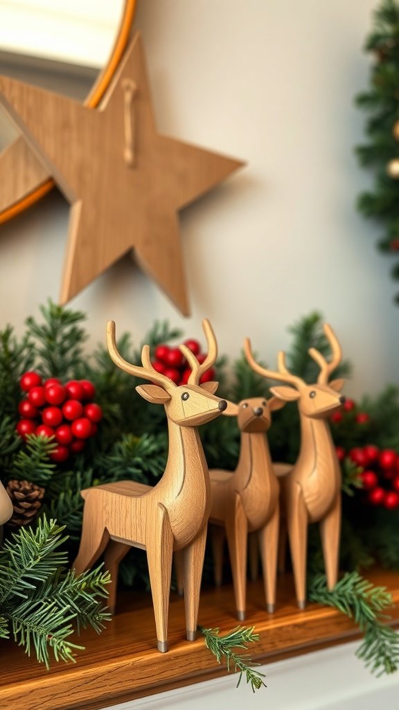 Three wooden reindeer figurines surrounded by greenery and red berries.