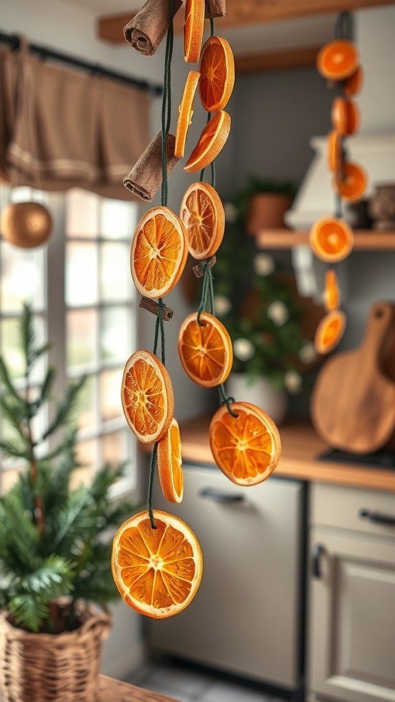 A garland made of dried orange slices hanging in a cozy kitchen.