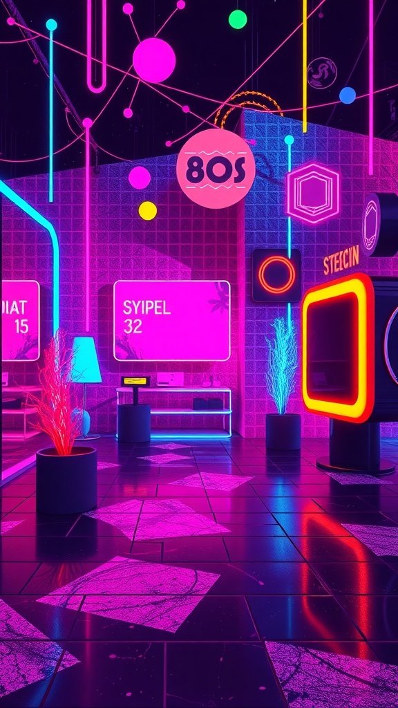 A vibrant retro 80s aesthetic featuring neon lights and geometric shapes.