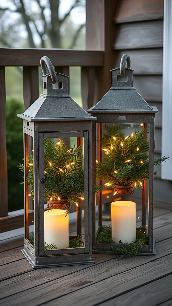 Two rustic lanterns with greenery and candles, creating a warm holiday atmosphere.