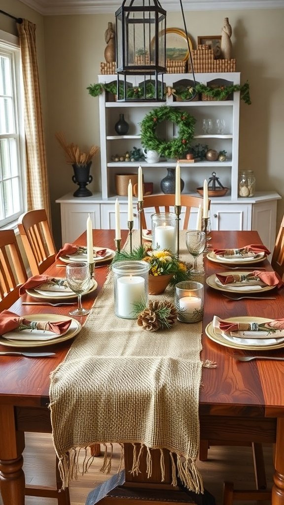 A rustic dining table set with a burlap table runner, candles, and festive decorations.