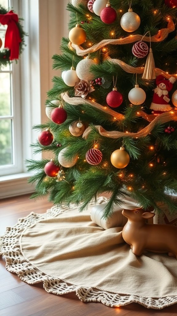 A rustic Christmas tree skirt made of burlap with a decorative edge, placed under a beautifully decorated Christmas tree.
