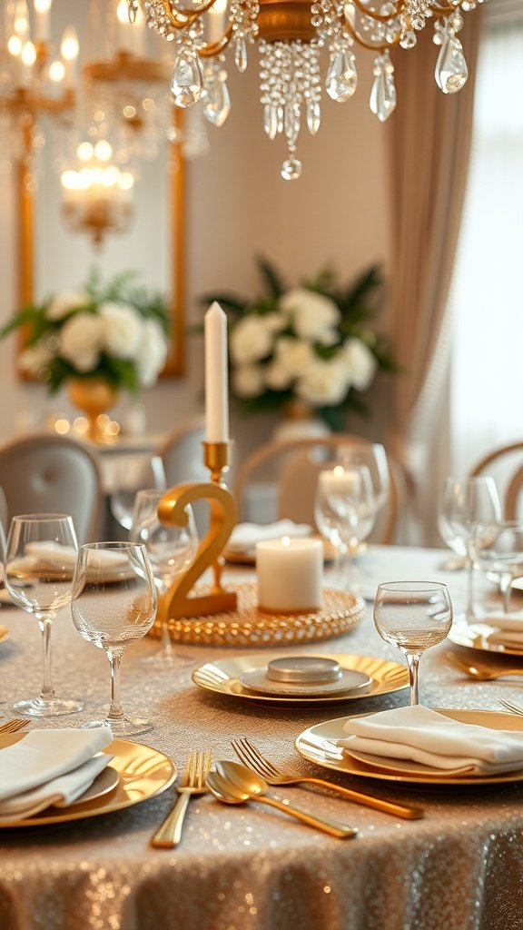 A beautifully set Christmas table featuring metallic accents with gold and silver elements.