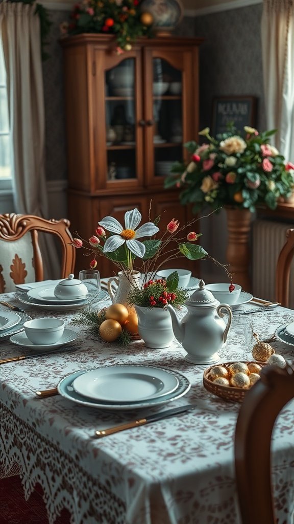 A beautifully set vintage Christmas table with lace tablecloth, china, and floral arrangements.