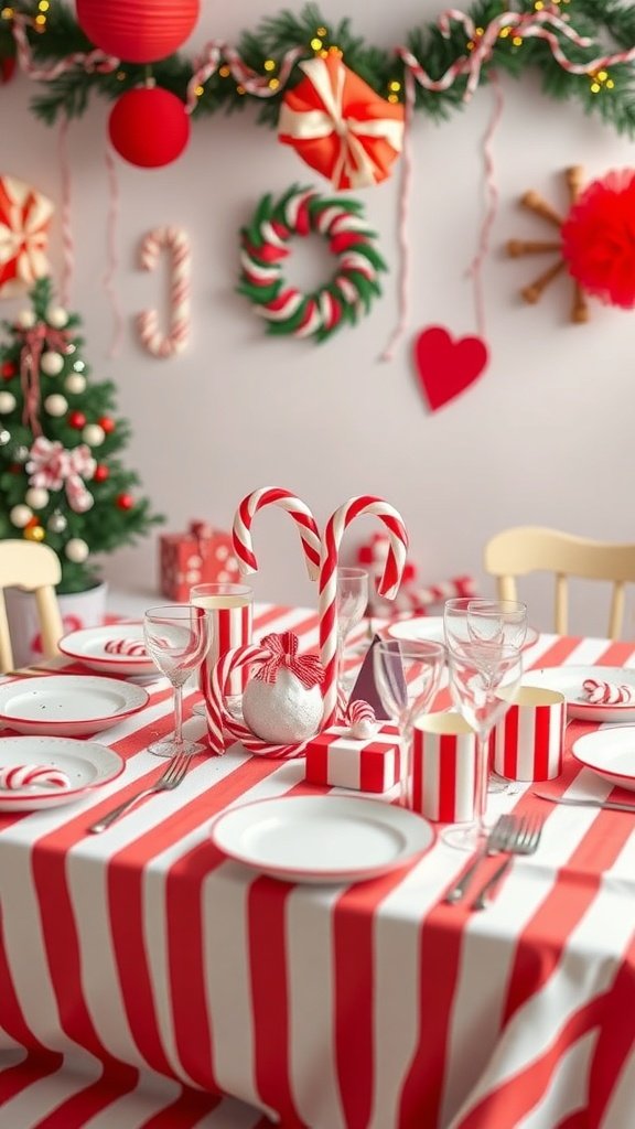 A festive table setting with a candy cane theme, featuring red and white striped tablecloth, candy canes, and holiday decorations.