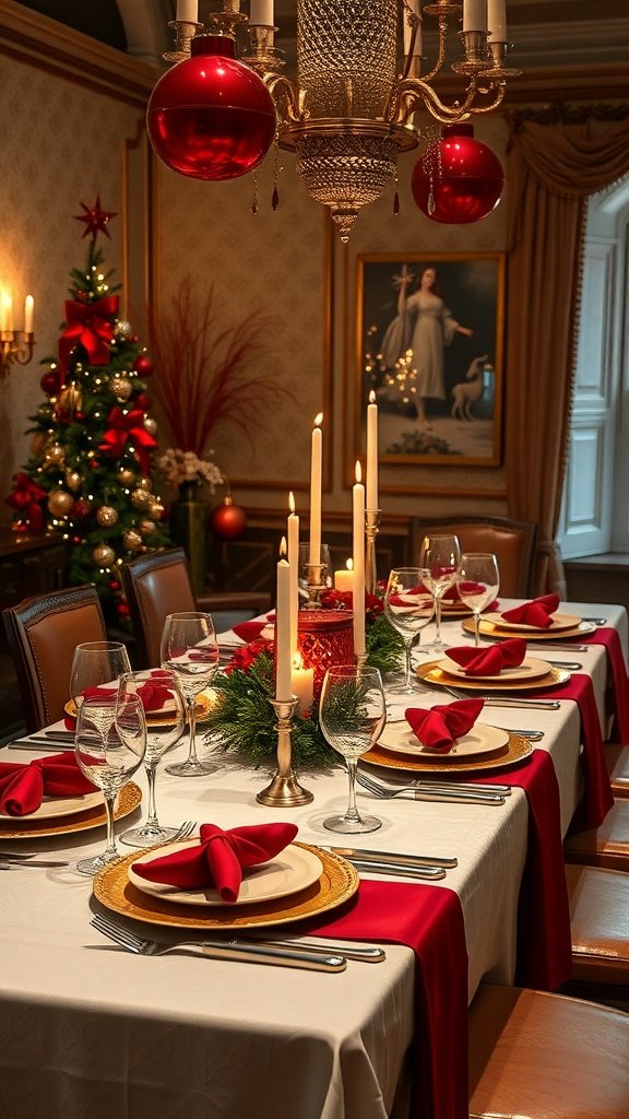 A beautifully set Christmas table featuring red and gold decorations, elegant plates, and festive candles.