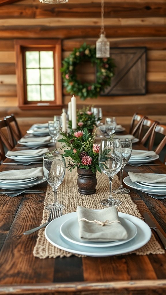 A rustic Christmas table setting featuring wooden elements, greenery, and elegant tableware.