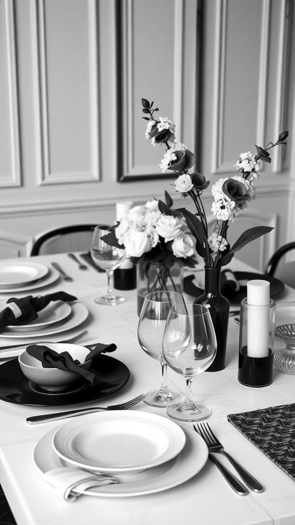 Elegant black and white table setting with plates, glasses, and flowers.