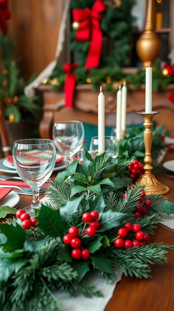 Traditional Christmas table setting with green foliage and red berries.
