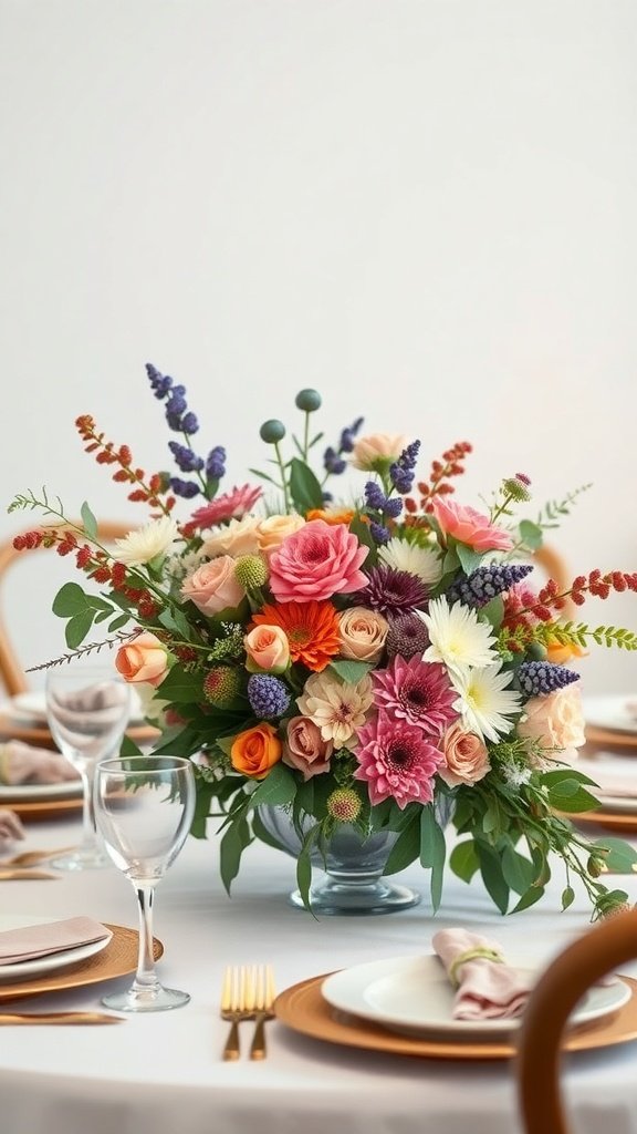 A beautiful floral arrangement featuring pink, orange, and purple flowers in a vase on a festive table setting.