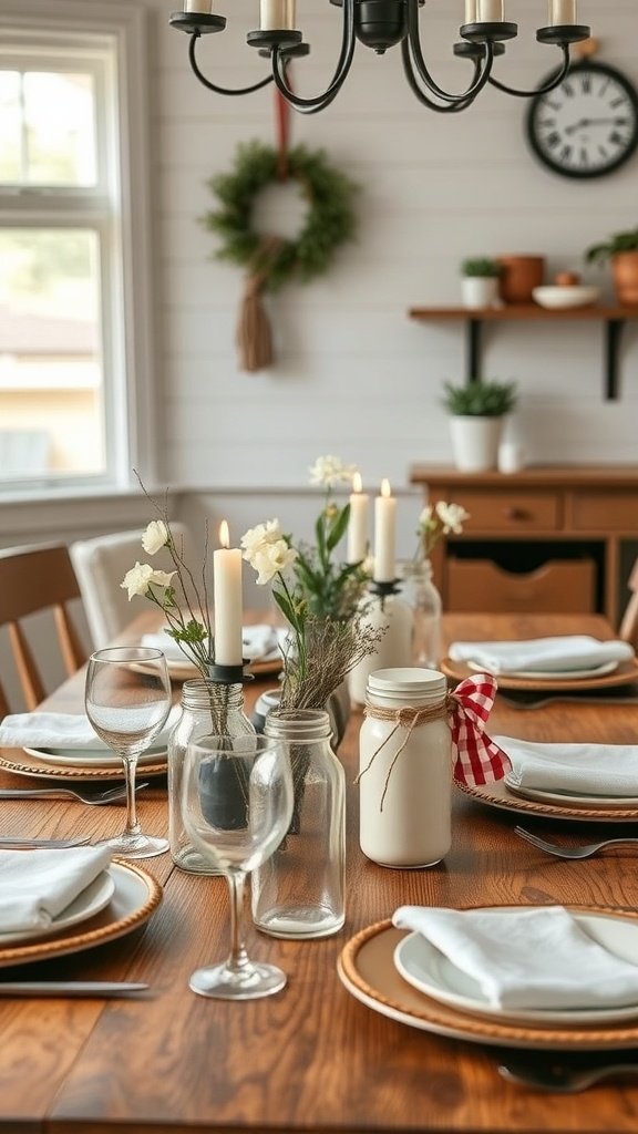 A cozy farmhouse-style Christmas table setting with flowers, candles, and rustic decor.