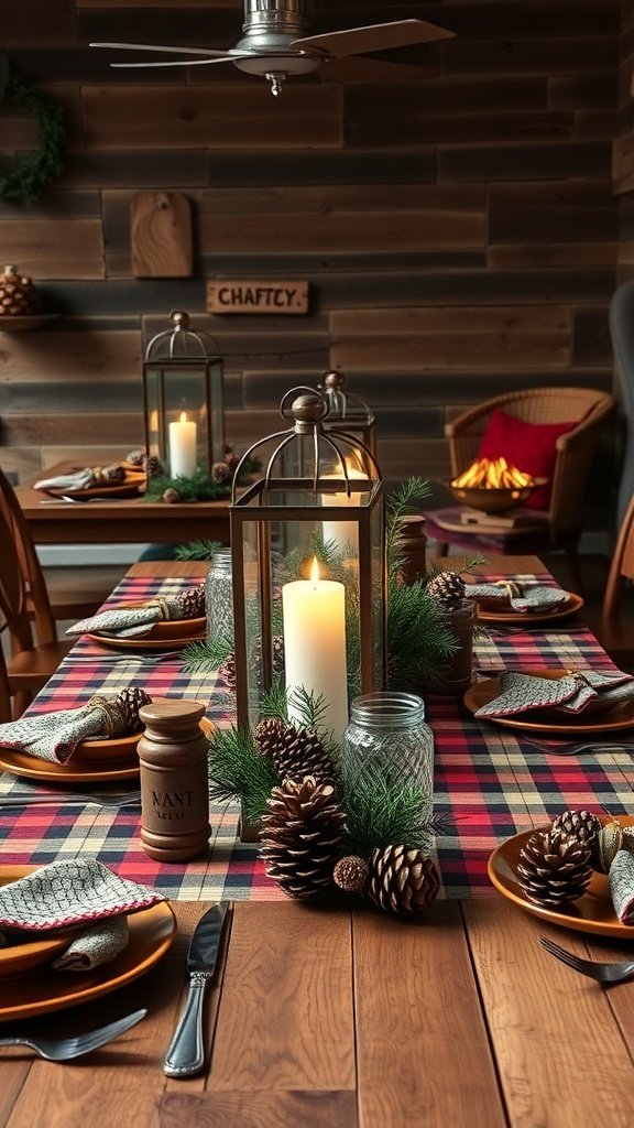 A cozy cabin-themed Christmas table setting with a plaid tablecloth, lanterns, pinecones, and candles.