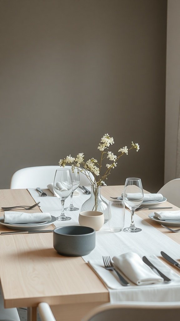 A minimalist Christmas table setting with neutral colors and simple decor.