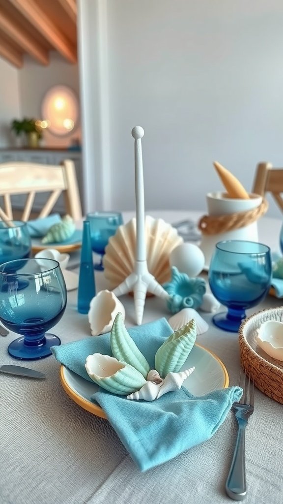 Nautical themed Christmas table setting with seashells and blue decor.