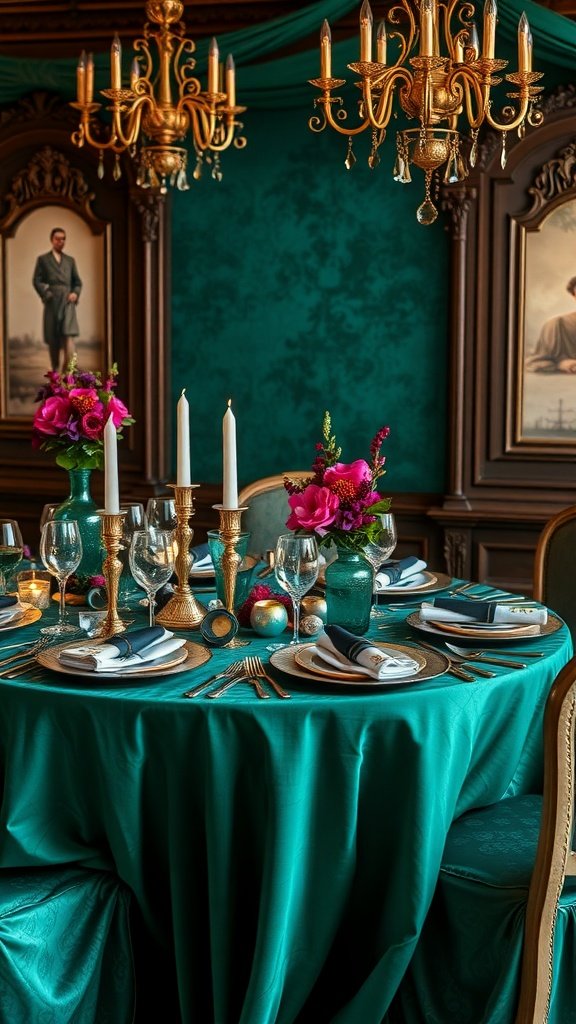 A beautifully set Christmas table featuring jewel tones with a teal tablecloth, golden accents, and floral arrangements.