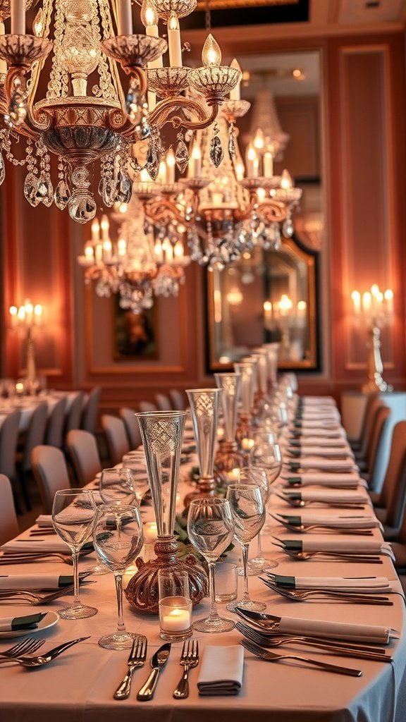 A beautifully set Christmas table with crystal accents and elegant decor.