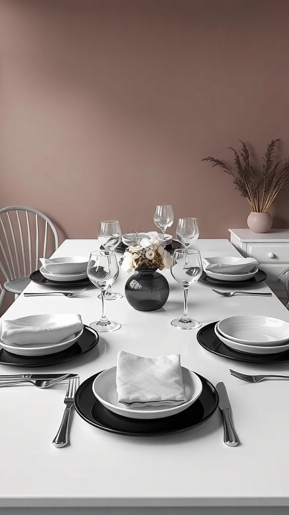 Elegant monochrome Christmas table setting with black and white plates and glassware.
