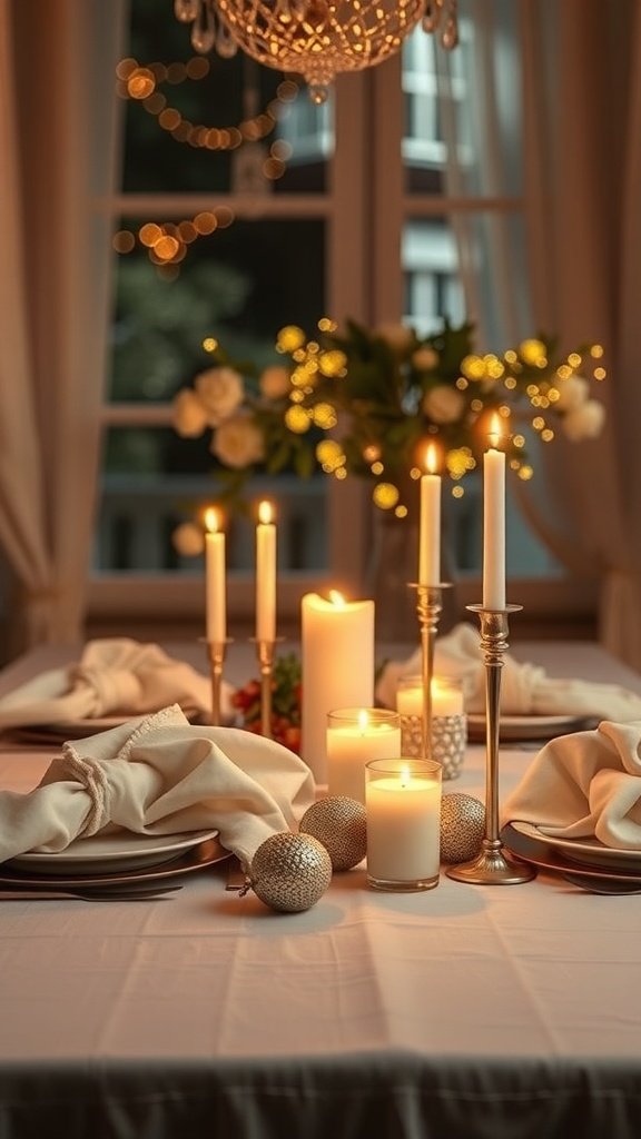 A beautifully set Christmas table with candles, elegant napkins, and soft lighting.