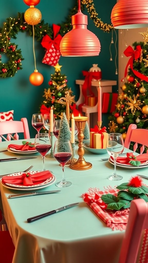 A colorful Christmas table setting with red and green decorations, festive tableware, and a cheerful atmosphere.