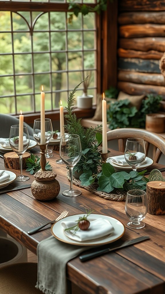 A beautifully arranged Christmas table setting featuring wooden elements, greenery, and candles.