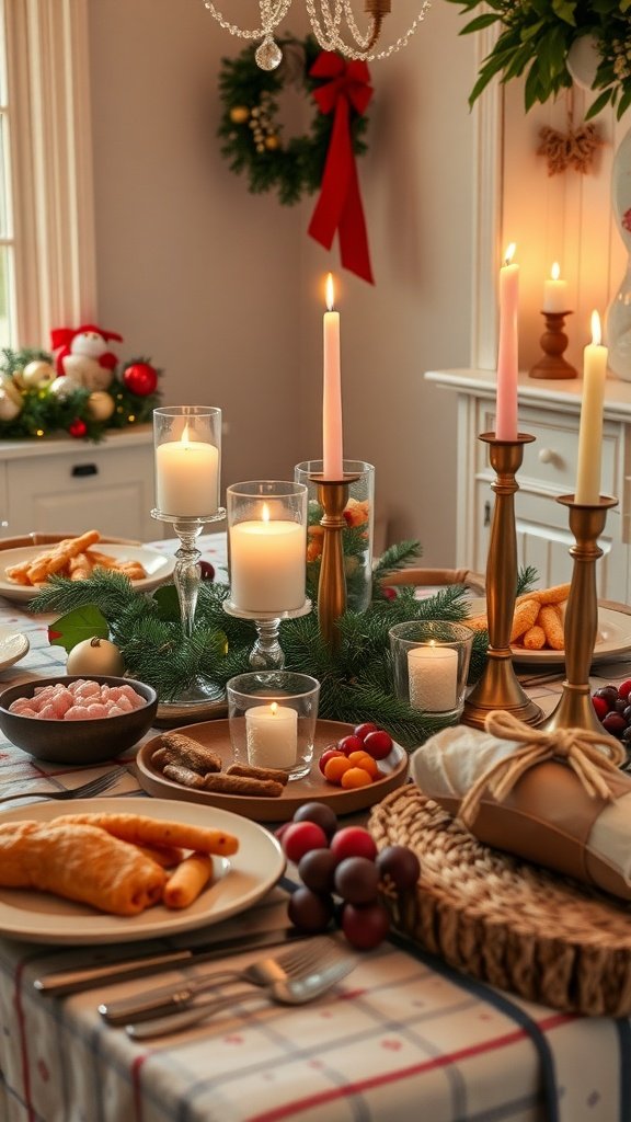 A beautifully set table for a traditional Swedish Julbord with festive decorations and delicious food.