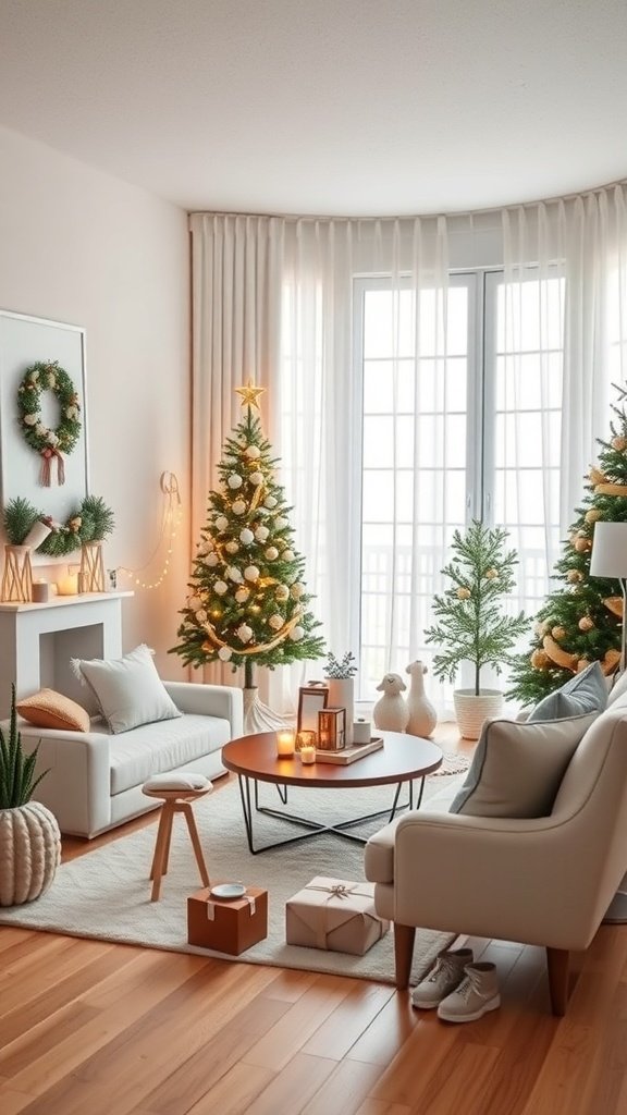 A cozy living room decorated for Christmas with neutral colors, featuring a Christmas tree, soft furnishings, and natural elements.