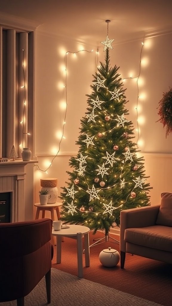 A cozy living room decorated with a Christmas tree adorned with white fairy lights and star decorations.