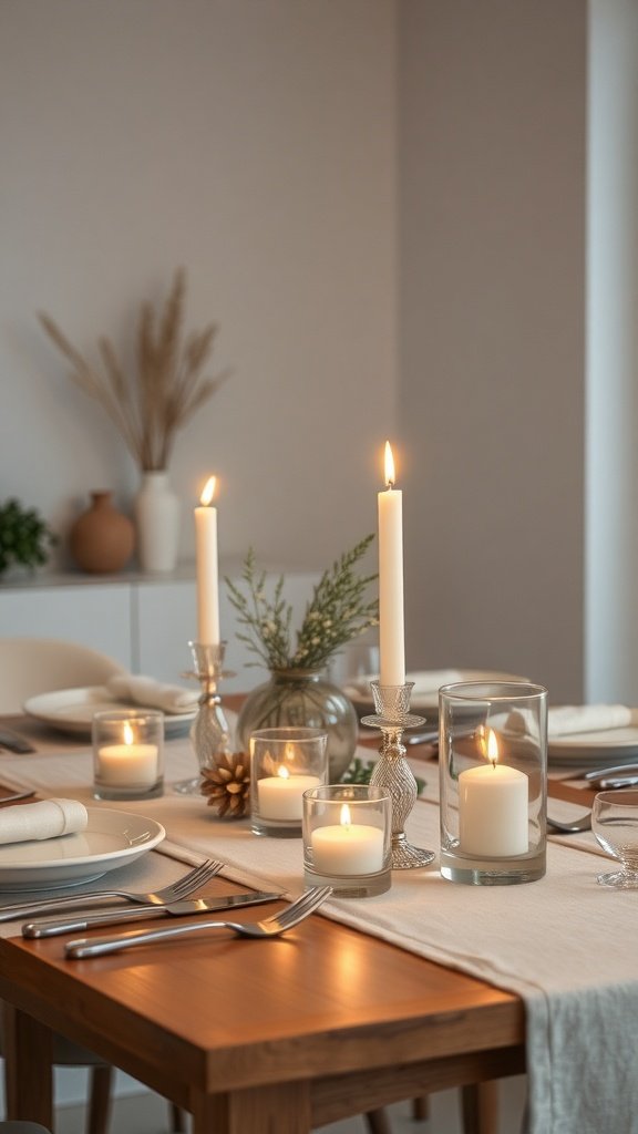 A beautifully set dining table featuring candles in glass holders, creating a warm and inviting atmosphere.